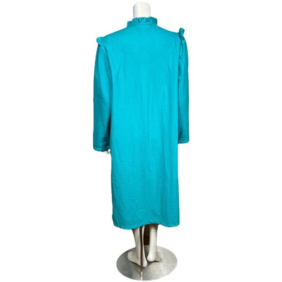 Vintage Teal Zip-Front Robe Nightgown with Lace Trim and Ruffle Details - Large - Picture 4 of 7